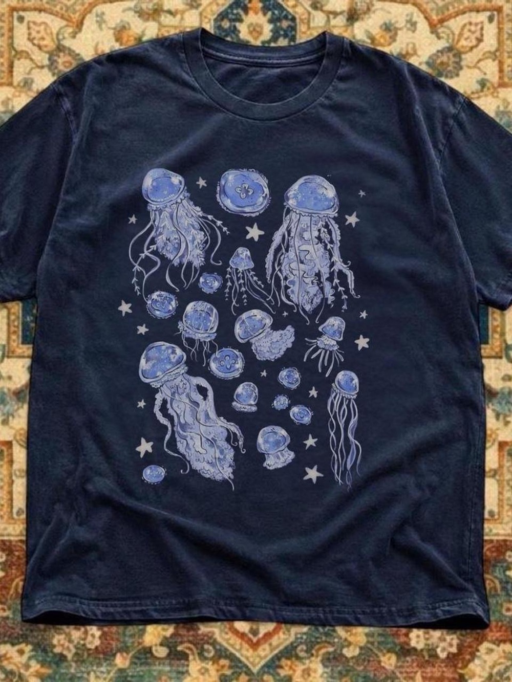 Gildan Navy ShortโSleeve Tee with Blue Jellyfish Graphic